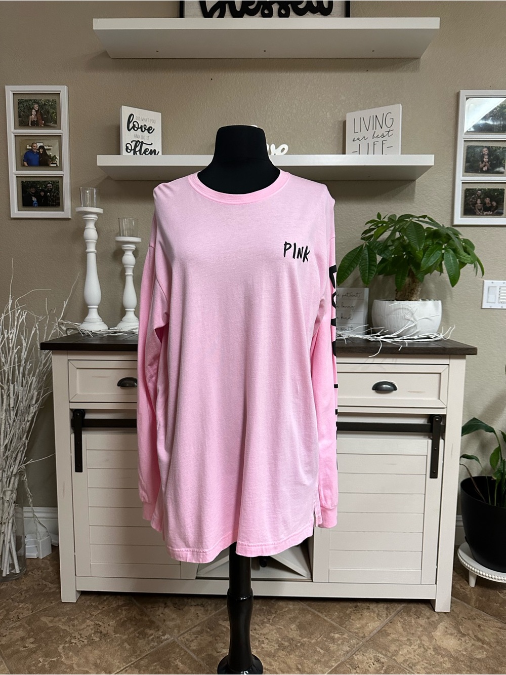 PINK Victoria's Secret Long Sleeve Tee - Light Pink with Black Logo